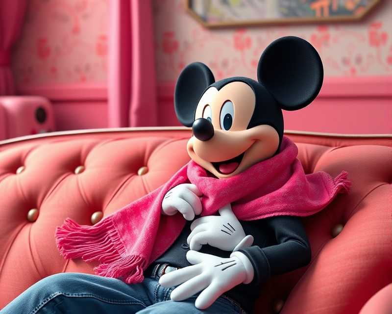 scarf, button, couch, mickey mouse, pink